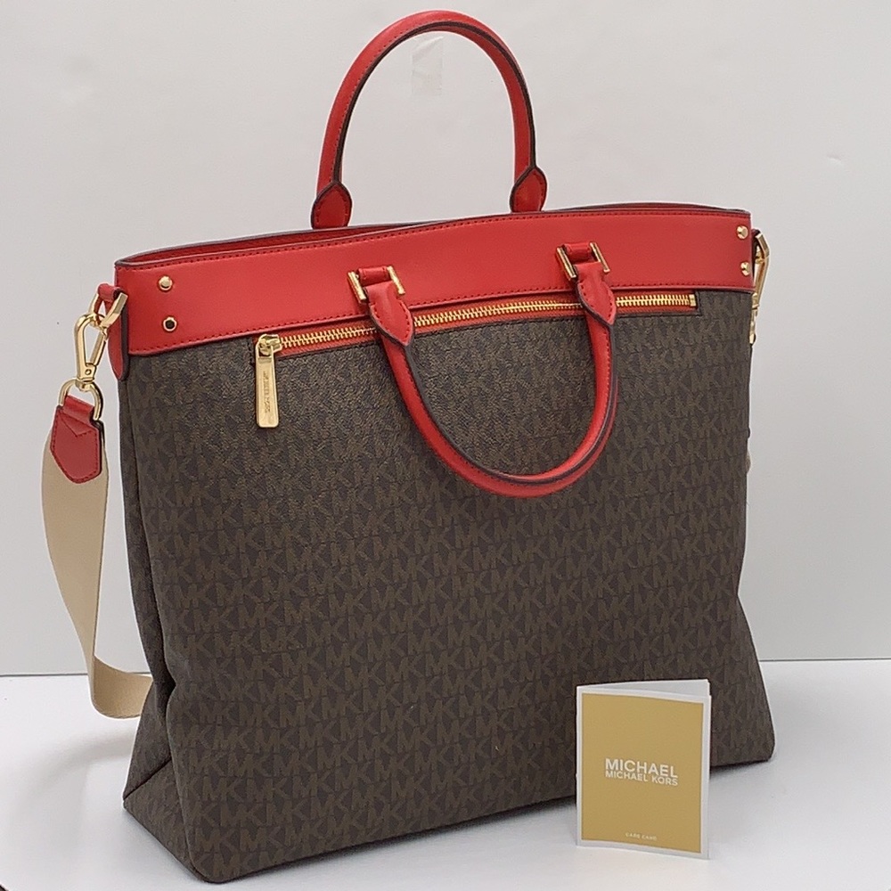 Michael Kors Jet Set Travel Large North South Tote Bag Brown MK Logo Fla… - Picture 4 of 16